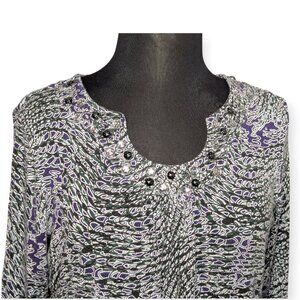 Ruby Road Black White Purple & Green Long Sleeve Top w/Jewels Size Medium